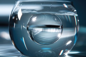 A glass bowl filled with water, containing a submerged clear sphere reflecting light.