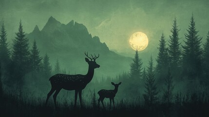Deer silhouettes under moonlit mountains in forest, generated by AI Generated AI
