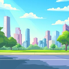 Obraz premium A cartoon city skyline with skyscrapers and a green park on the side of the road, a flat design illustration in a vector style, with simple shapes, colorful and cute, in a cartoonish style, high resol