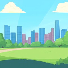 A cartoon city skyline with skyscrapers and a green park on the side of the road, a flat design illustration in a vector style, with simple shapes, colorful and cute, in a cartoonish style, high resol