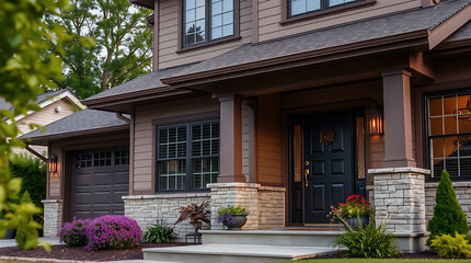 Luxury House Exterior: Modern Home Design with Stone Facade and Landscaping