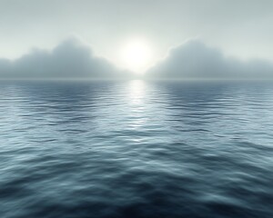 Obraz premium Serene seascape with sun and misty mountains.