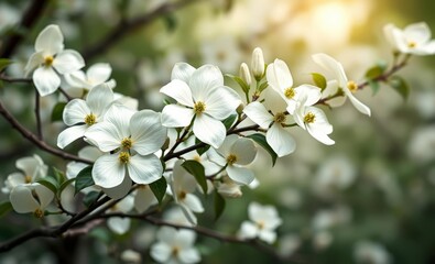 Obraz premium White dogwood flowers on tree branch outdoor wallpaper background valentines backdrop love heart valentine vector romantic day holiday