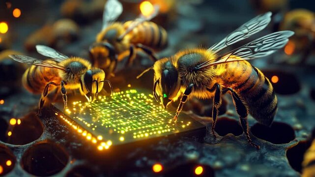 Bees Collaborate Around a Glowing Microchip in a Honeycomb: A Symbol of Technology, Nature, and Teamwork