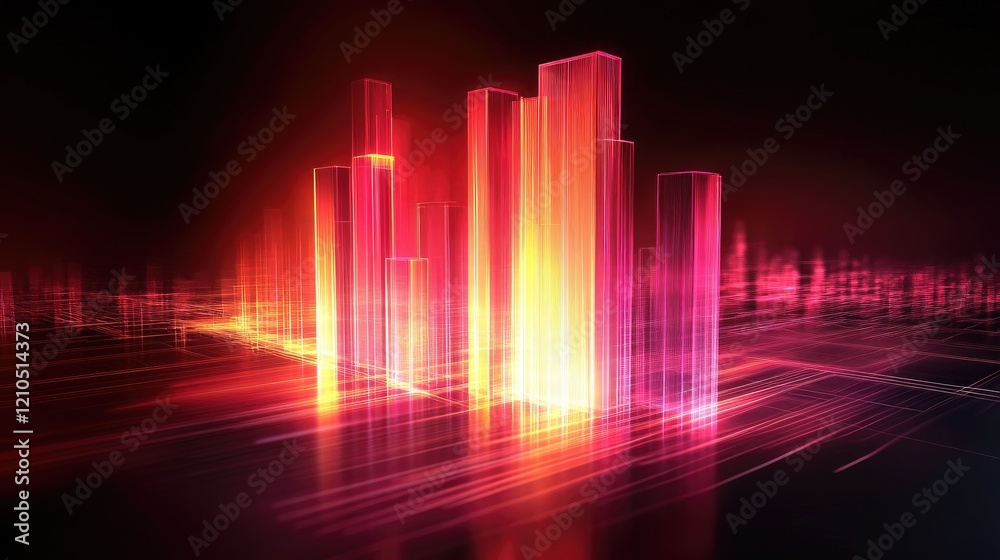 Poster an artistic representation of a d bar chart with glowing bars and dynamic lighting effects, emphasiz