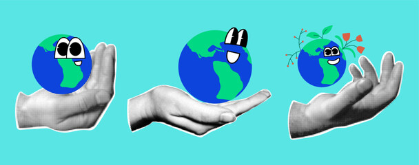Retro collage with cartoon Earth and halftone hands. Love and protect planet conceptual vector elements