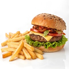 Delicious burger and French potato fries, cut out