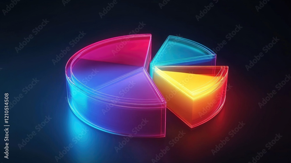 Poster an artistic representation of a d pie chart with glowing, semi-transparent segments and dynamic ligh