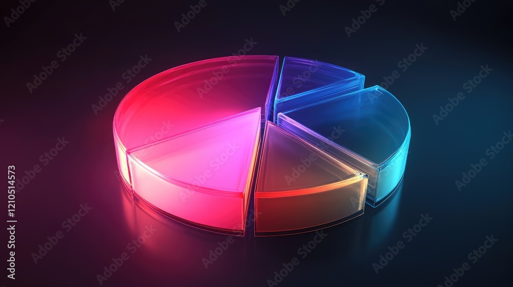 Poster an artistic representation of a d pie chart with glowing, semi-transparent segments and dynamic ligh