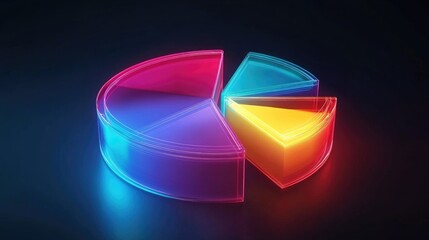 An artistic representation of a D pie chart with glowing, semi-transparent segments and dynamic lighting effects, emphasizing data visualization in a futuristic style.