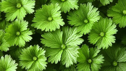 bright green foliage fills the frame its circular leaves fanning out from a central point.