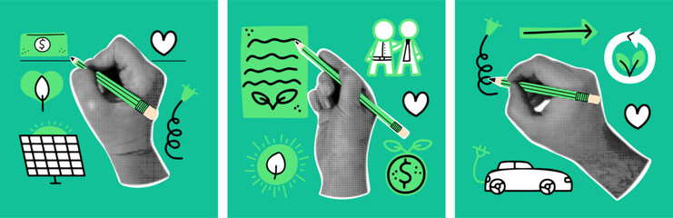 Retro collage the concept of ESG set. Green sustainable and environmental business vector design