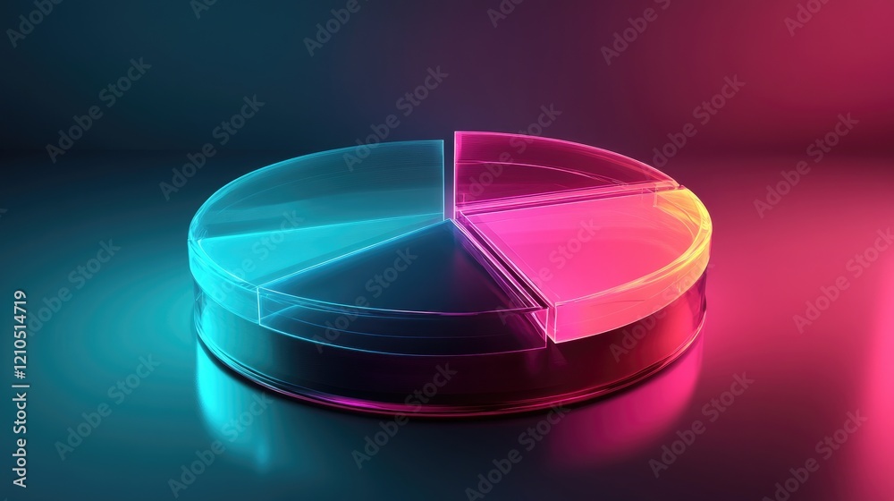Poster an artistic representation of a d pie chart with glowing, semi-transparent segments and dynamic ligh