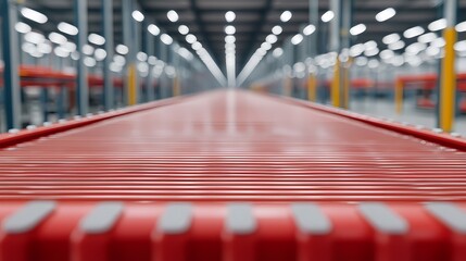 A perspective view of a conveyor belt in a warehouse, showcasing red rails and a blurred background of shelves, emphasizing industrial logistics.