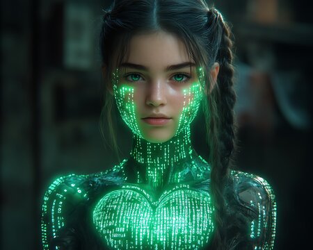 Futuristic woman with glowing green digital patterns on her face and body.