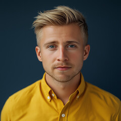 Fototapeta premium Portrait of a young man with blonde hair in a yellow shirt indoor studio photography calm environment close-up view personal reflection