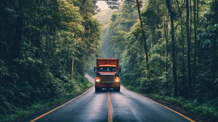 A truck passing through a dense forest road, surrounded by towering trees, symbolizing the challenges of transporting goods through remote landscapes