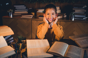 Smiling child surrounded by books at a cozy home desk