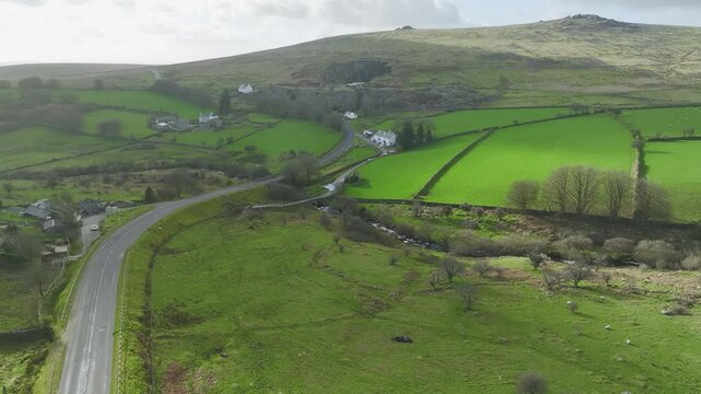 Farms over Merrivale Quarry in Dartmoor National Park, Merrivale, Devon, England, Europe