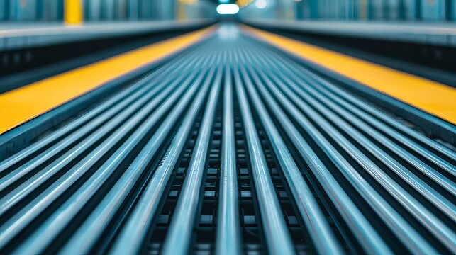 A close-up view of parallel metallic lines on a conveyor belt, set against a colorful background, suggesting efficiency and industrial design.
