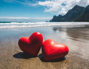 Fototapeta premium Two Red Heart-Shaped Rocks on the Beach with the Waves Gently Crashing, Representing Eternal Love