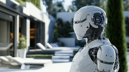 A humanoid robot is positioned in a well-designed garden filled with sleek furniture and contemporary architecture. The sun illuminates the scene, showcasing a blend of nature and technology.
