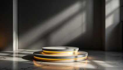 Black and Gold Podium with Soft Spotlights and Shadows