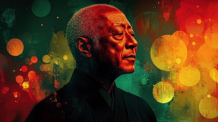 Serene elderly Asian man portrait, colorful background.