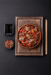 Delicious spicy Asian food soba with buckwheat noodles, beef, vegetables