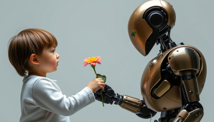 Obraz premium Heartwarming Bond: Humanoid Robot Offering a Flower to a Young Boy