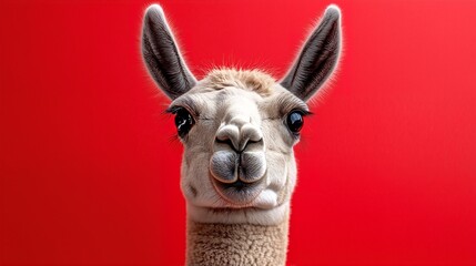 Obraz premium A close-up of an alpaca's head and shoulders against a red background.