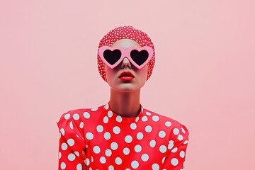 A person showcases a playful red-and-white polka dot dress and matching headband while wearing heart-shaped sunglasses. The background is light pink, adding to the fun vibe