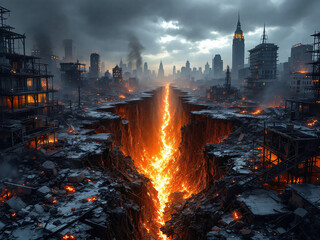 Obraz premium Violent Nature: Earthquake - Destruction In Urban City With Buildings Reduced To Rubble And Debris. Huge Crater With Lava And Fire Amidst Collapsed Skyscrapers And Crumbling Ruins.