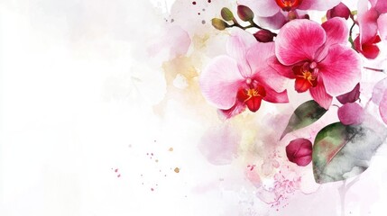 Watercolor painting of pink orchids with leaves and abstract background.