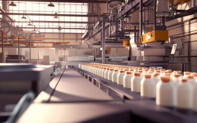 Obraz premium Automation and Precision in a Modern Dairy Processing Facility with Bottles and Machinery