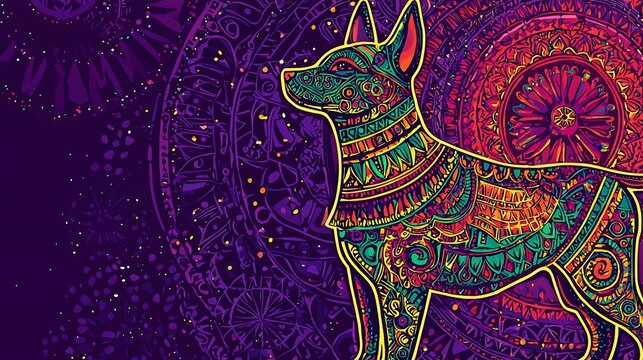 Ornate Xoloitzcuintli dog, Aztec art, cosmic background, vibrant design, website banner
