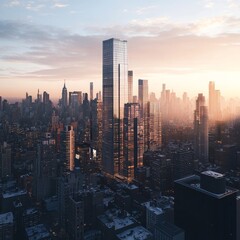 Obraz premium aerial view of commercial building, building information modeling, city skyline background, revit, modern, wider, high resolution, 3D dimension 