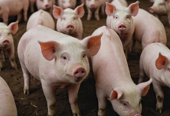 A herd of domestic pigs standing in the dirt, curiously gazing at the camera