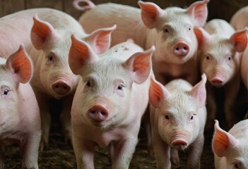 A large herd of pigs is standing close together, gazing at the camera