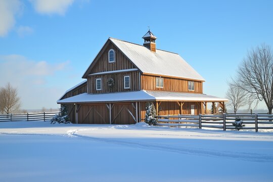 A picturesque wooden Barndominium house style barn in winter, surrounded by snow-covered ground and trees. The barn features a classic design with a cupola and a wreath on the door.