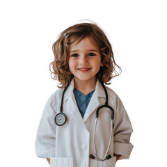 Ultra HD PNG Image of a cute girl standing wearing a doctor's uniform, standing with smiling glasses and a stethoscope is playing a doctor. on a white transparent background.
