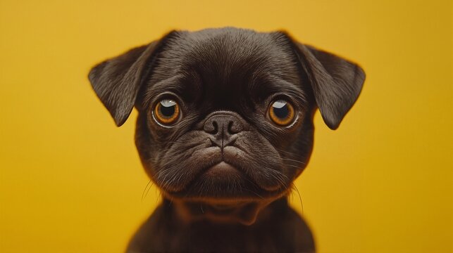 A close-up of a black pug puppy with large brown eyes and floppy ears against a yellow background.