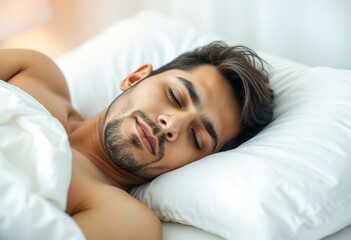 Portrait of a sleeping male person on a white bed