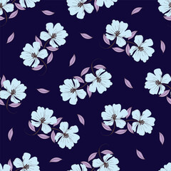 Drawing with digital toolsFloral flowers lined up abstract imagesPink flowers on blue background.