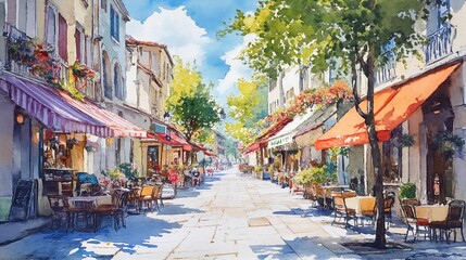 Fototapeta premium A watercolor painting of a quaint European street lined with small shops and cafes.