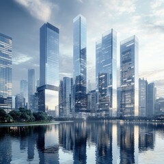 Obraz premium Photorealistic cityscape of a modern urban skyline featuring tall skyscrapers, sleek glass facades, and high-rise office buildings