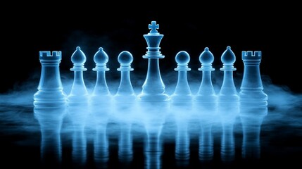 A row of illuminated glass chess pieces are arranged on a dark surface with a misty fog