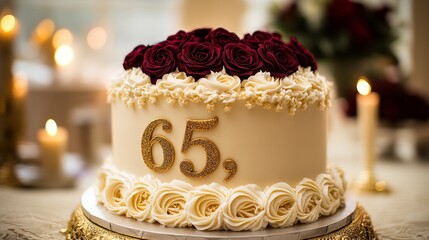 A cake with a number 65 on it and red roses. The cake is on a silver plate and has candles on it