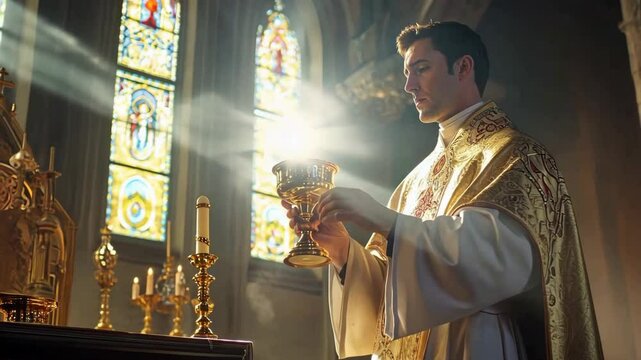 Catholic priest holding a chalice inside a church. Christian mass concept