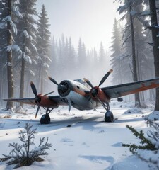 Naklejka premium Abandoned propeller aircraft in the snowy woods , snow, frosty foliage, trees
